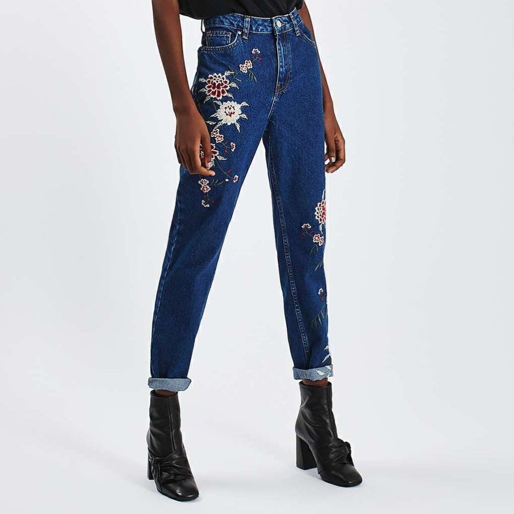 Topshop Dark Blue Embroidered Mom Jeans in Size W28 L32